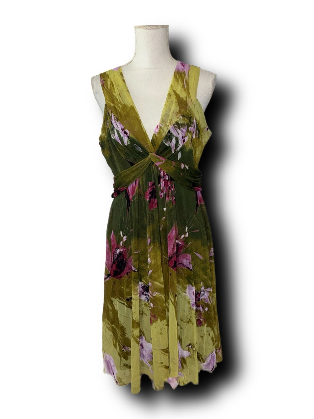 Vintage Elena Karan Olive Green Sleeveless Mesh Fairycore Watercolor Print Dress